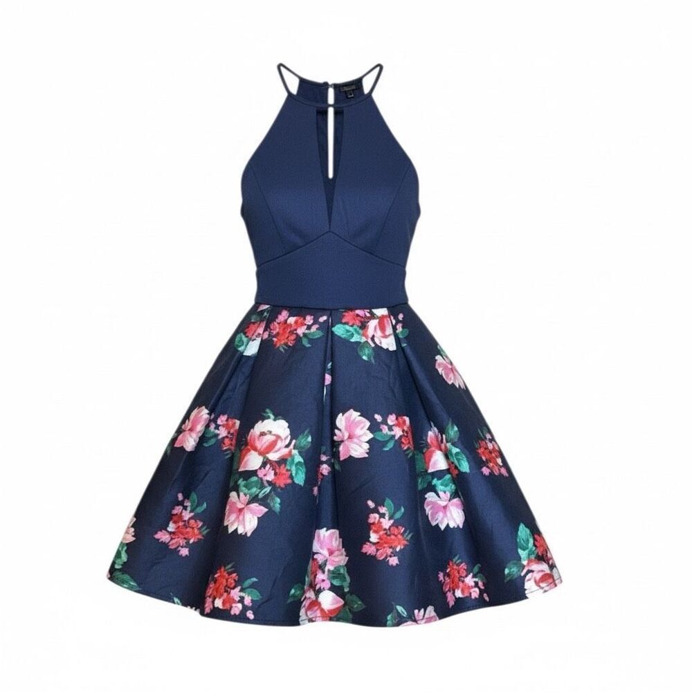 Teeze Me Junior Floral Pleated Sleeveless Fit & Flare Halter Mini Dress Size 3